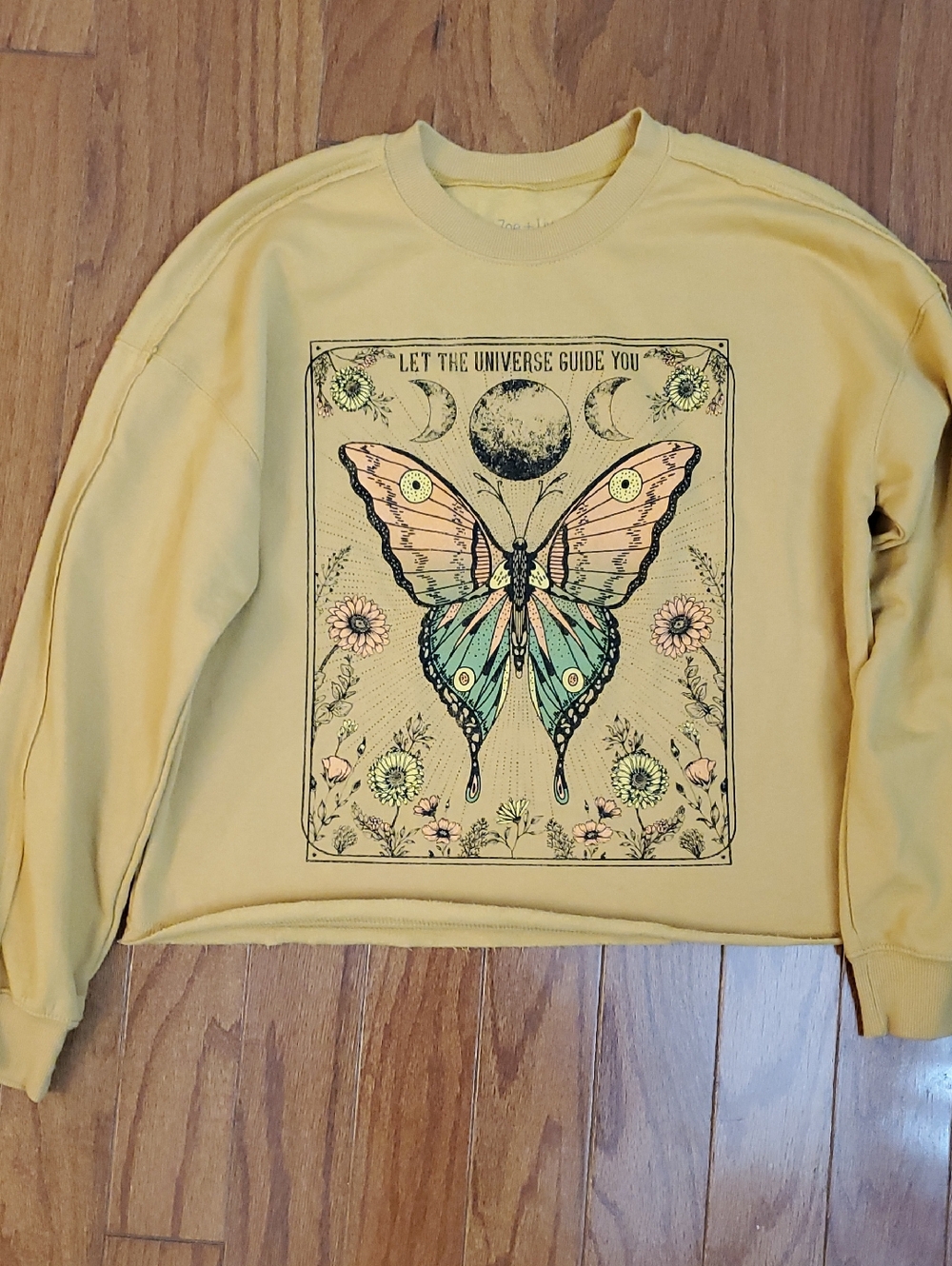 Zoe & Liv Let the Universe Guide You Crop Sweatshirt Amber Gold Butterfly Small